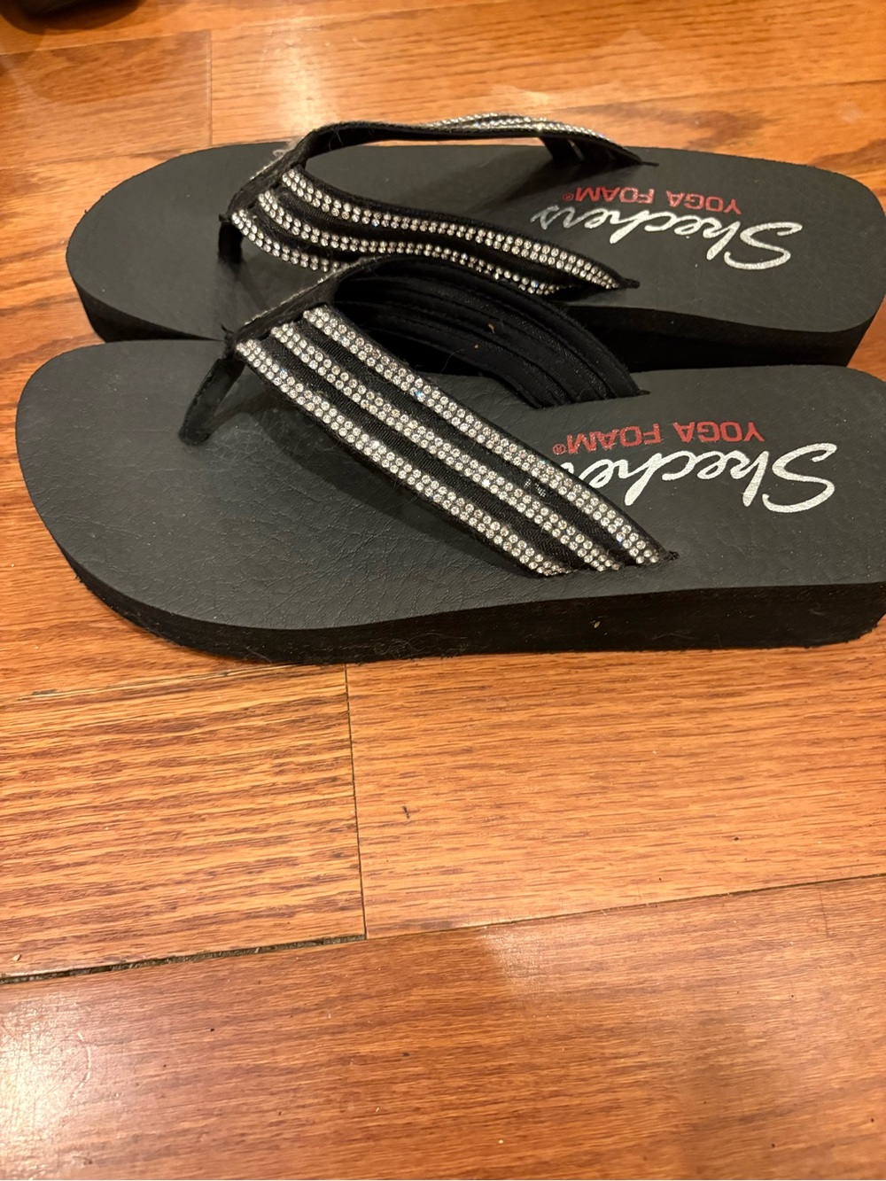 Skechers Black Flip Flops with Sparkling Strap Accents